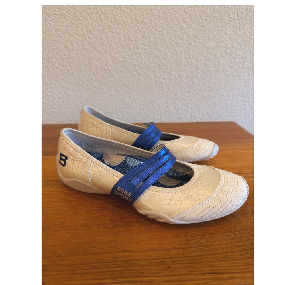 Y2K Bebe Sport Womens White Blue Leather Mary Jane Ballet Flats 8 Puma Sporty - Picture 3 of 11